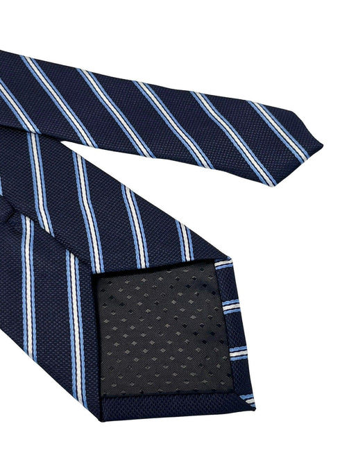 dark navy blue tie with thin light blue and white stripe